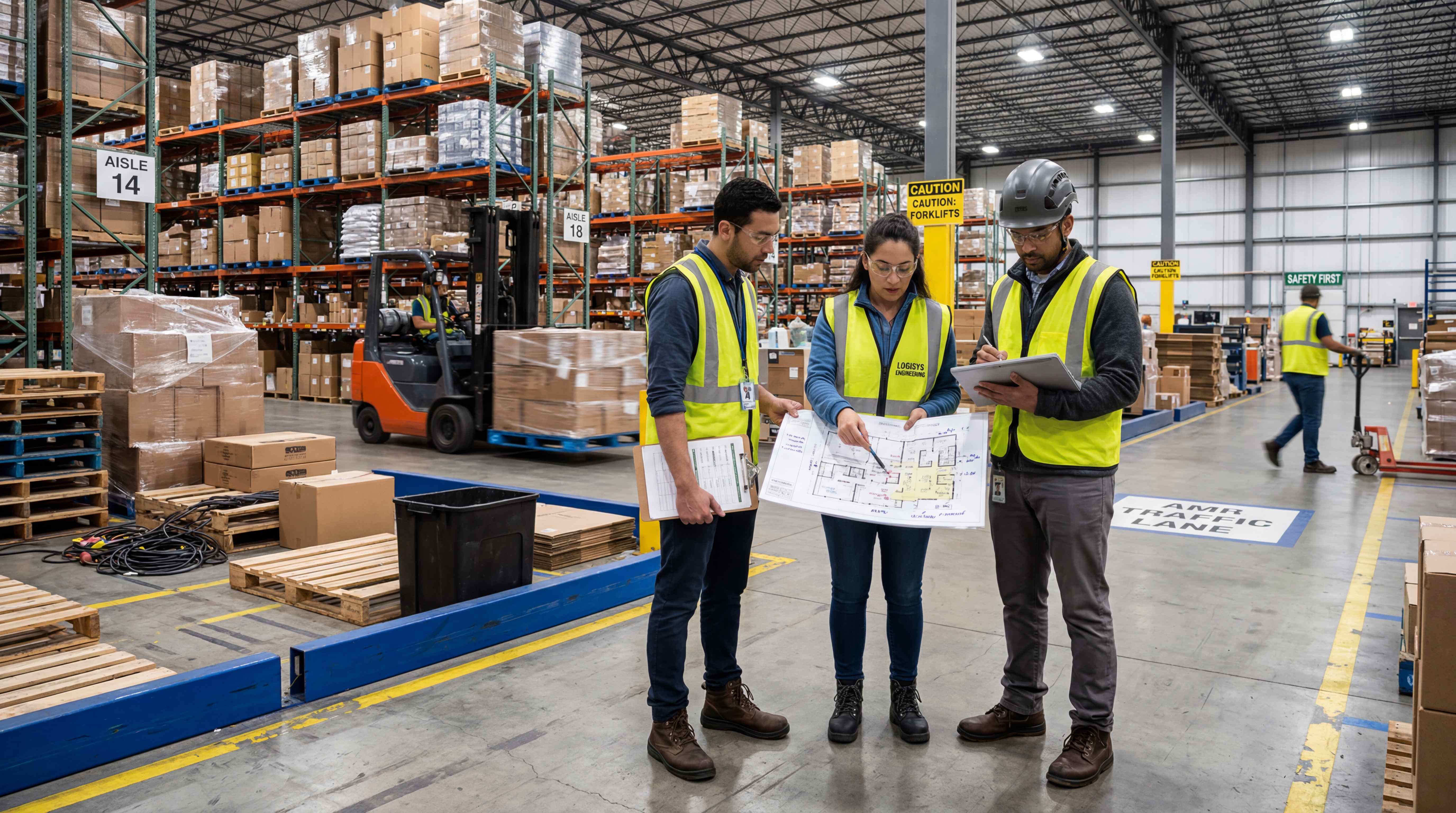 Engineering team reviewing warehouse layout drawings during AMR site survey and deployment validation